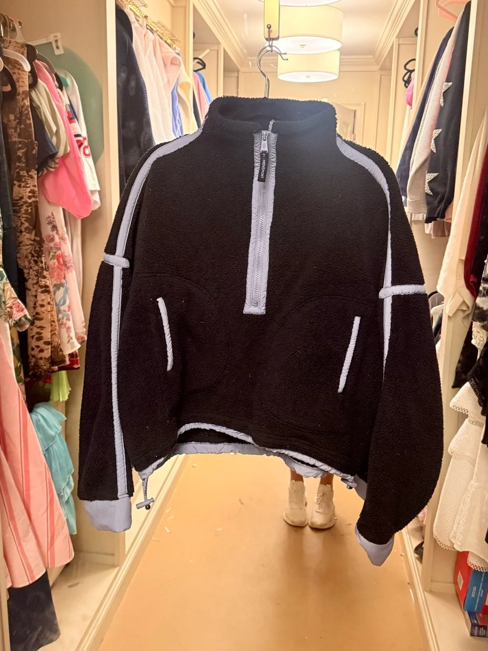 Free People Black Sherpa Half-Zip Jacket with Light Blue Trim